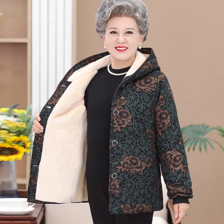 奶奶装冬装棉衣中老年妈妈装连帽棉服加绒加厚老太太棉袄保暖上衣
