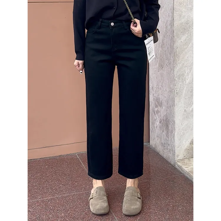 秋季蝴蝶结刺绣九分直筒牛仔裤女大码胖mm腿粗弹力显瘦黑色烟管裤