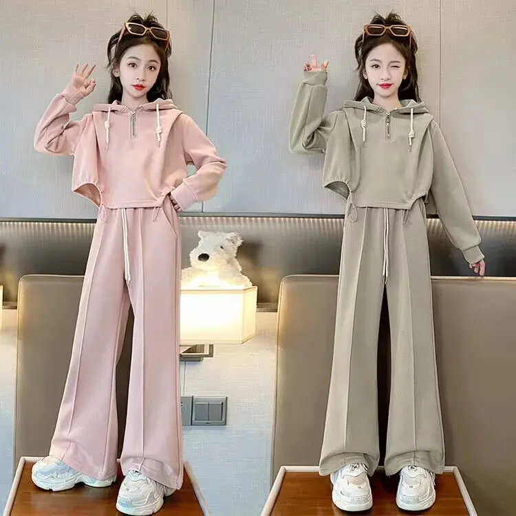 女童秋季套装新款韩版时尚中大童连帽卫衣阔腿裤春秋款休闲两件套