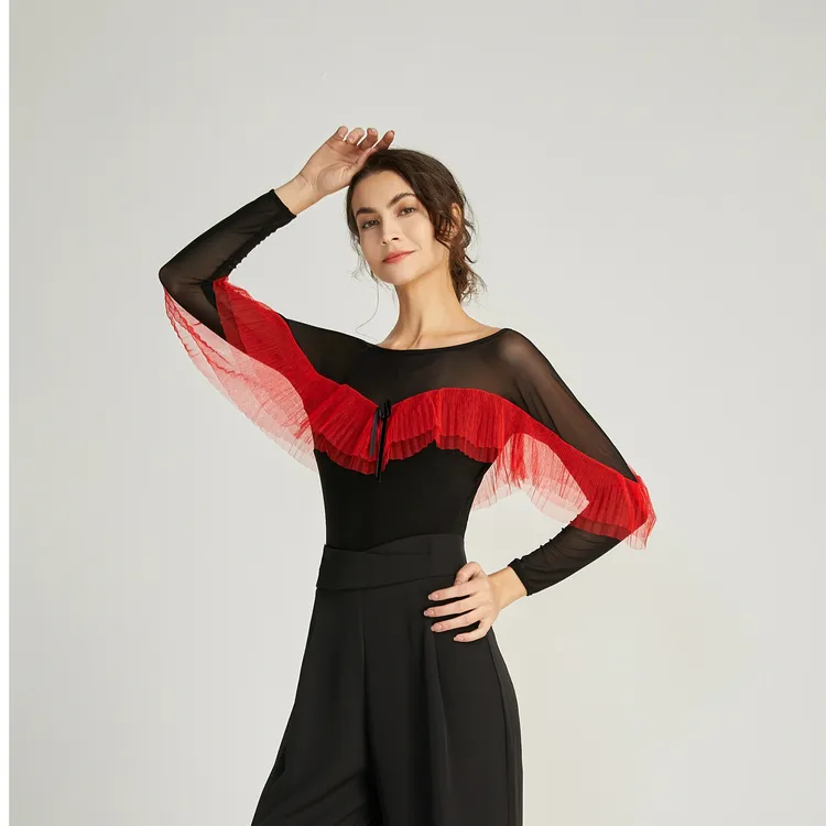 YHA舞服春夏摩登舞练习服长袖上衣女新款国标舞服舞蹈拉丁舞