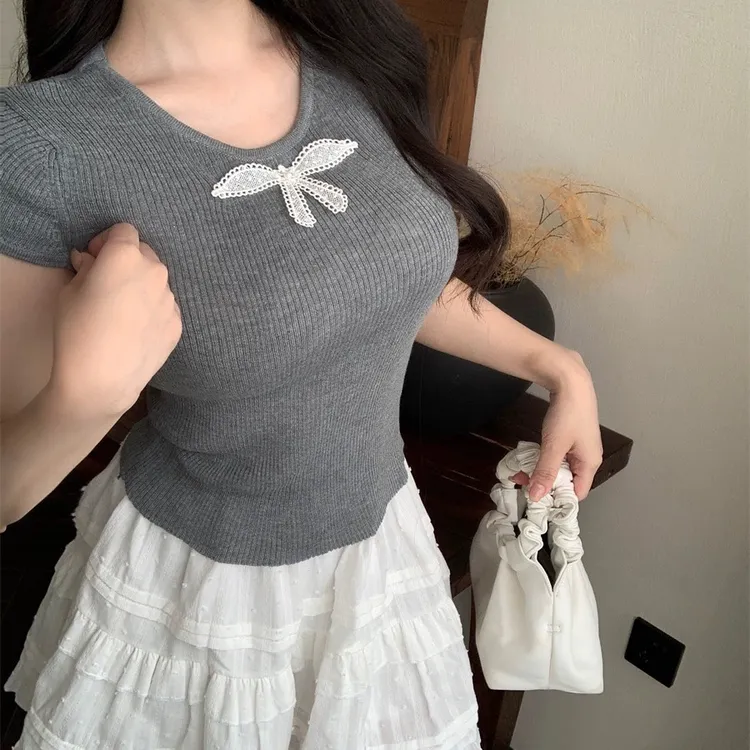 纯欲甜辣妹减龄针织短袖T恤女夏修身百搭小香风蝴蝶结正肩小上衣