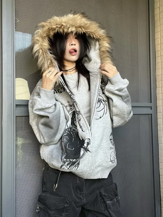 15GET 美式复古重磅加厚毛领连帽卫衣慵懒感开衫外套情侣款秋冬潮