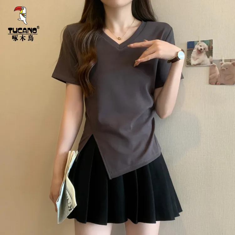 啄木鸟大码女装宽松遮肚上衣女不规则v领t恤女短袖设计感时尚夏装