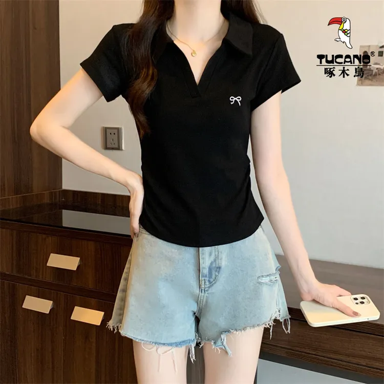 啄木鸟夏季正版polo衫女款修身显瘦t恤女短袖时尚百搭上衣正肩t恤