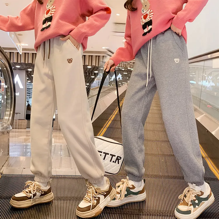 女童冬季加绒加厚裤子保暖休闲裤宽大肥胖弹力收口小学生小熊裤潮