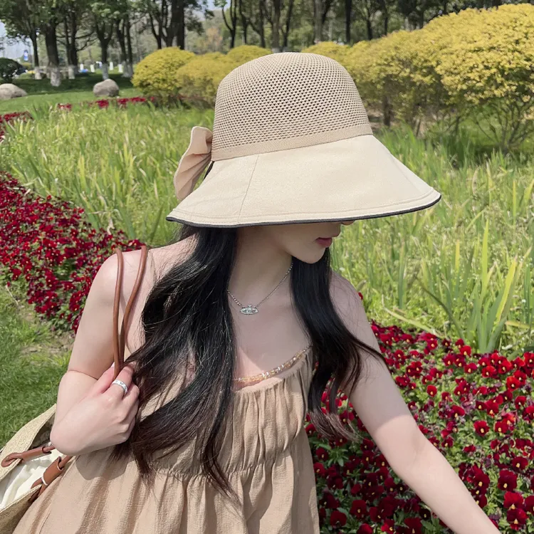 夏季夏天蝴蝶结遮脸女太阳帽防紫外线防晒帽檐镂空透气户外渔夫帽