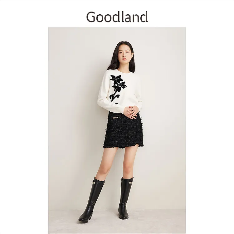 Goodland美地春季法式优雅小香风洋甘菊提花羊毛针织衫毛衣
