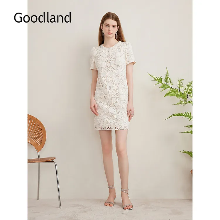 Goodland美地夏季法式轻礼裙镂空蕾丝小香风连衣裙