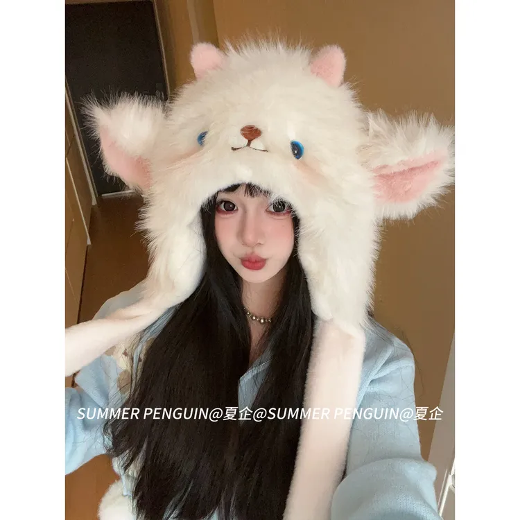 SUMMER PENGUIN原创卡通小羊加绒加厚毛线帽子女保暖捏捏耳朵会动