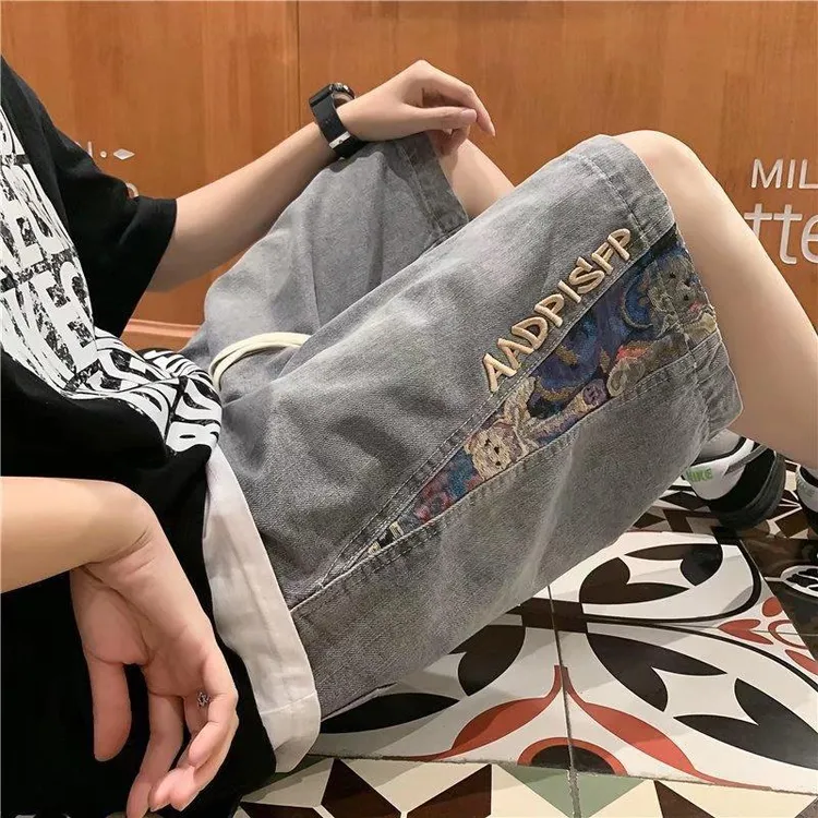 小熊拼接牛仔短裤男士夏季薄款宽松大码休闲美式复古潮牌五分中裤
