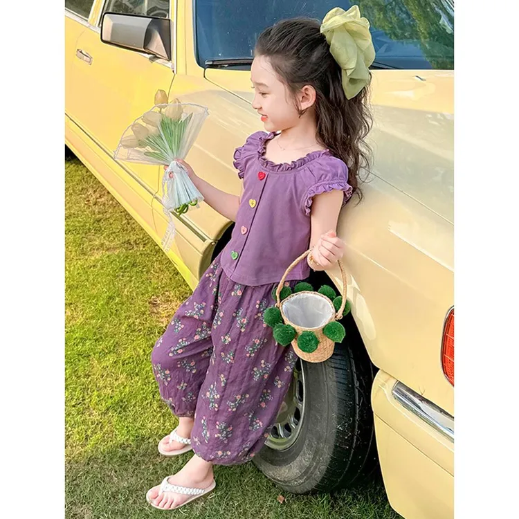 套装洋气时髦夏装女宝灯笼袖碎花九分裤两件套小女孩童装衣服