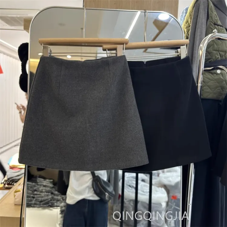 韩系灰色毛呢A字修身高腰气质半身裙新款秋季简约百搭防走光短裙