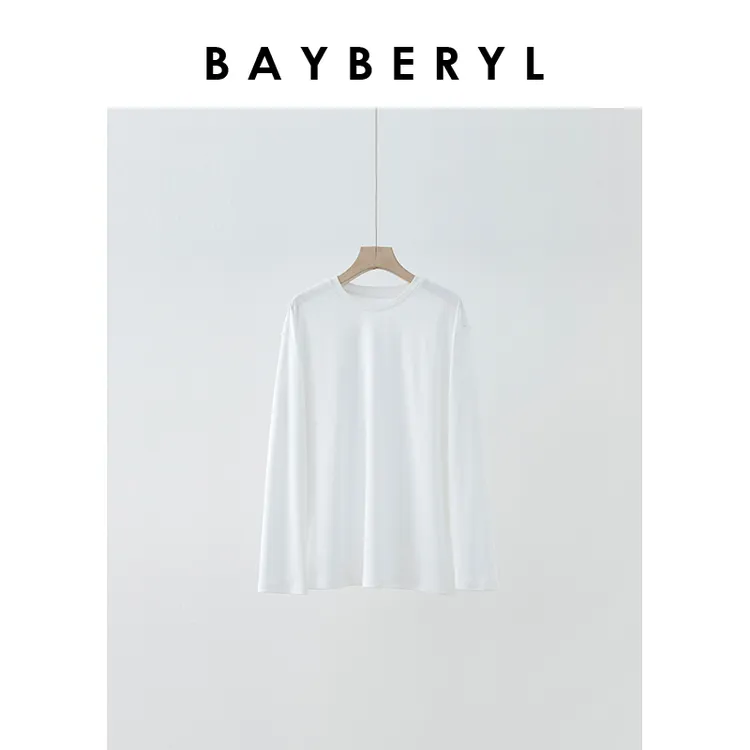 BAYBERY老贝水柔T*白色经典百搭圆领长袖秋打底T恤NT3L2802-12/6