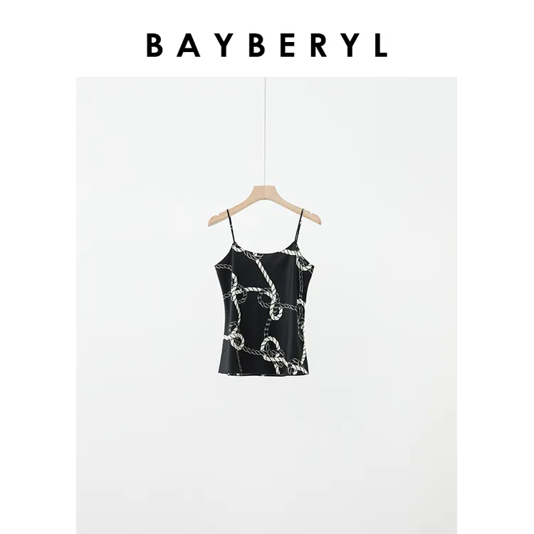 Z5-BAYBERYL老贝绳结吊带印花黑色复古百搭夏真丝背心DD4C0901