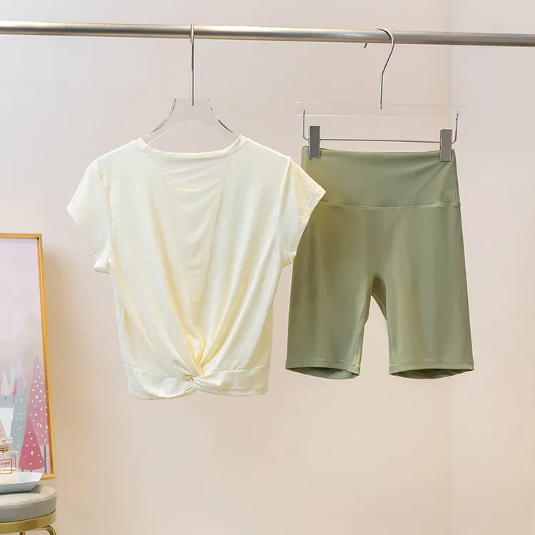瑜伽服套装女夏短款美背运动上衣高级感网纱罩衫T恤短袖跑步健身
