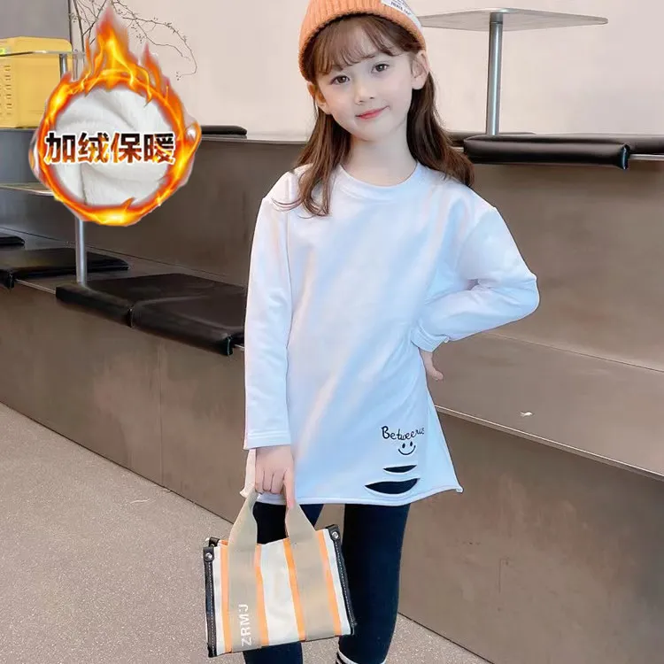 女童打底衫春装2025新款女孩洋气白色加绒儿童中长款T恤薄绒上衣