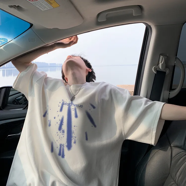 美式复古纯棉短袖t恤男流星雨印花短袖男女宽松重磅情侣休闲半袖T