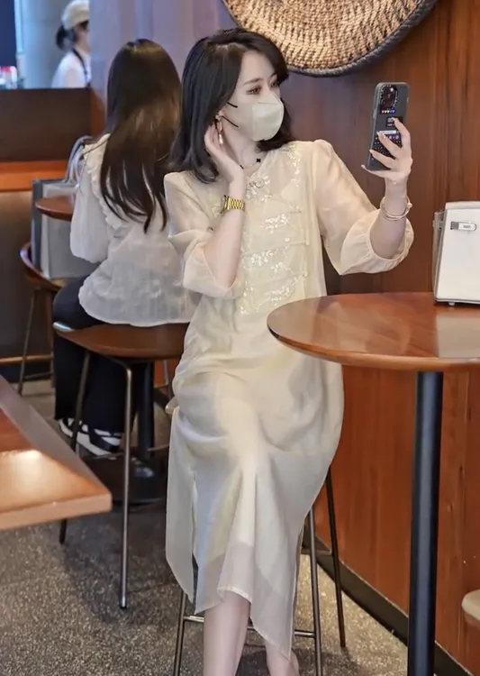 中长款七分袖刺绣绣花连衣裙淑女套头改良国风旗袍连衣裙