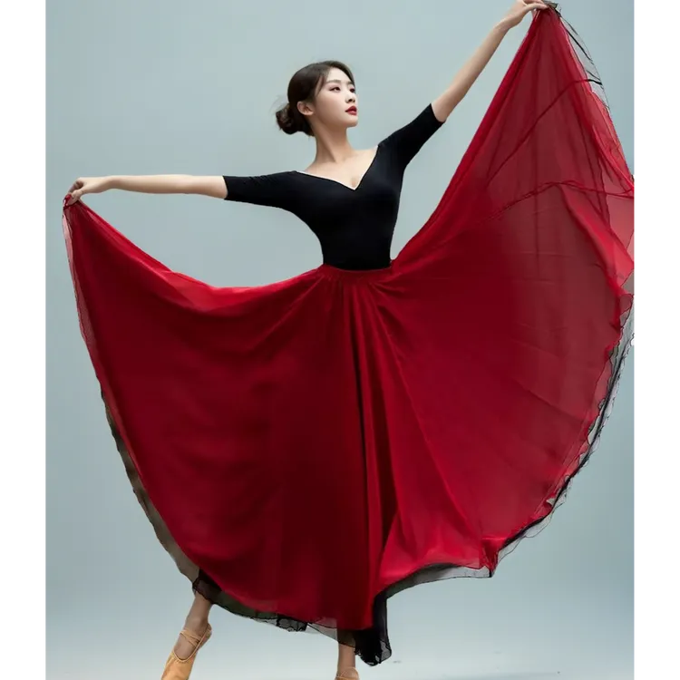 540度 720度裙摆舞蹈练功服女飘逸双层红色大摆裙