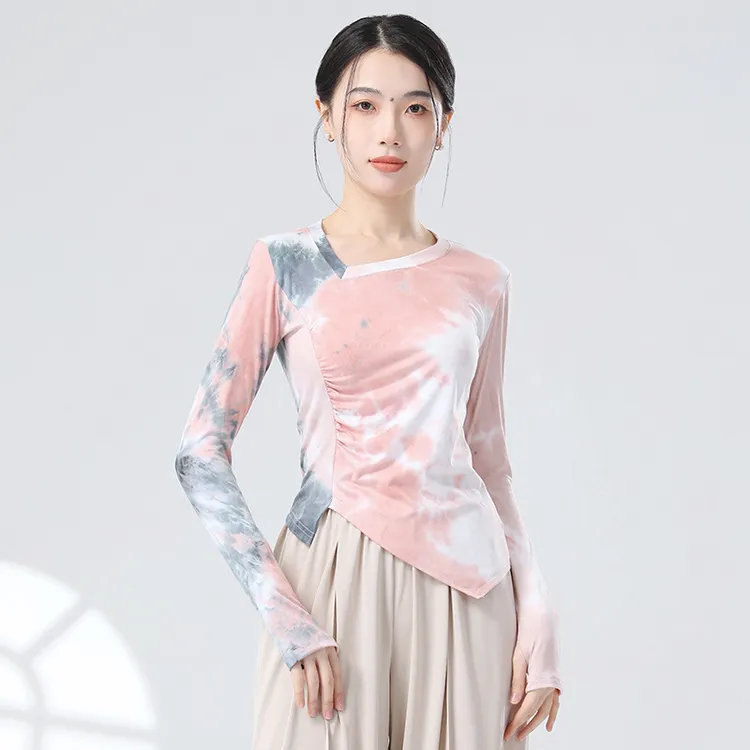 23177现代舞扎染设计感长袖套指舞蹈形体训练服上衣练功服女日常