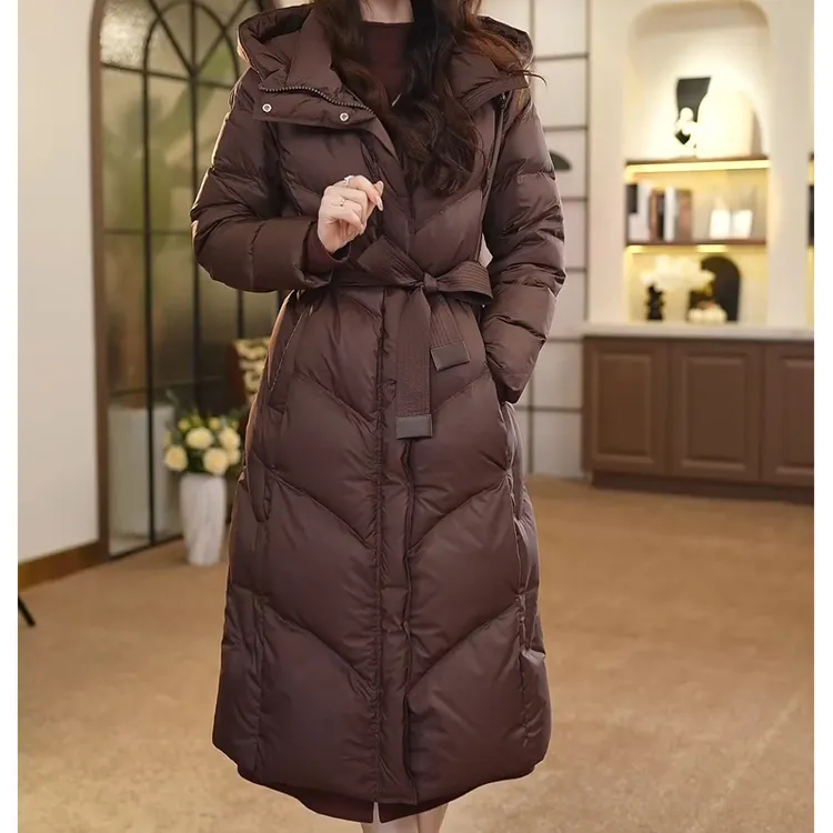 时尚气质修身收腰显瘦加厚保暖羽绒服女士长款过膝白鸭绒外套百搭