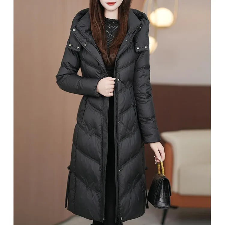 修身气质连帽保暖羽绒服女中长款过膝2024冬季新款加厚白鸭绒外套