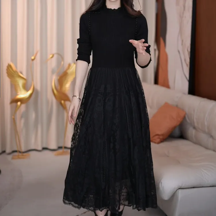 法式名媛蕾丝拼接针织打底连衣裙女秋冬2024新款配大衣的内搭裙子