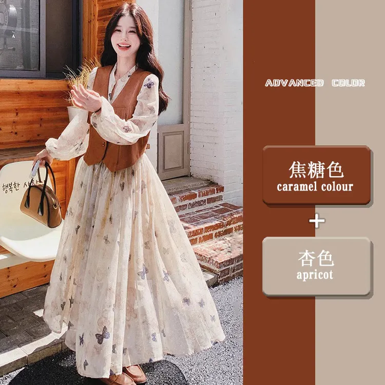 法式温柔蝴蝶印花碎花长袖连衣裙女秋季新款流苏马甲显瘦长裙套装