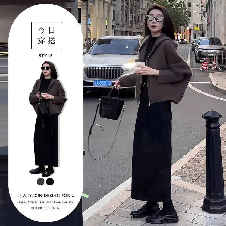 网红爆款时尚两件套裙女2025秋冬新款复古毛呢连帽外套+半身长裙