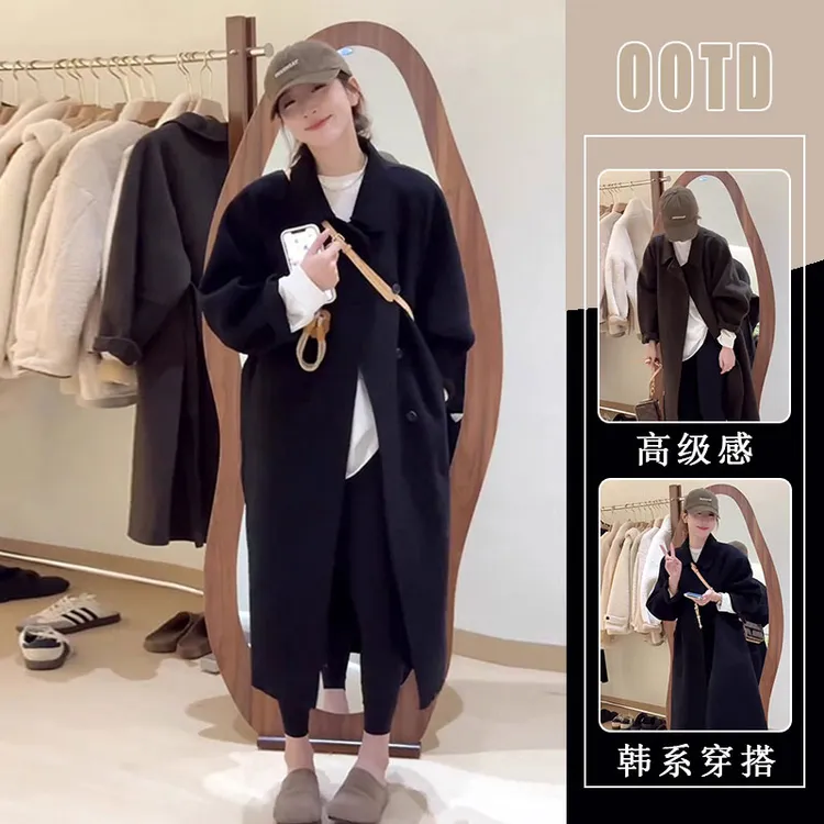 韩系通勤设计感翻领毛呢外套女2025秋冬新款高级感宽松中长款大衣