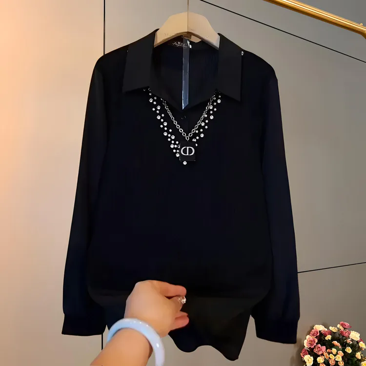 衬衫领大码女装打底衫中长款胖妹妹着肚子宽松黑色常规袖上衣