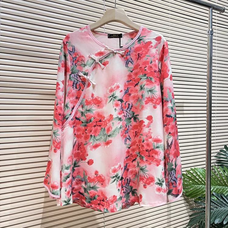 8695大码显瘦新款时尚秋季长袖国风衬衫胖mm女上衣圆领百搭宽松