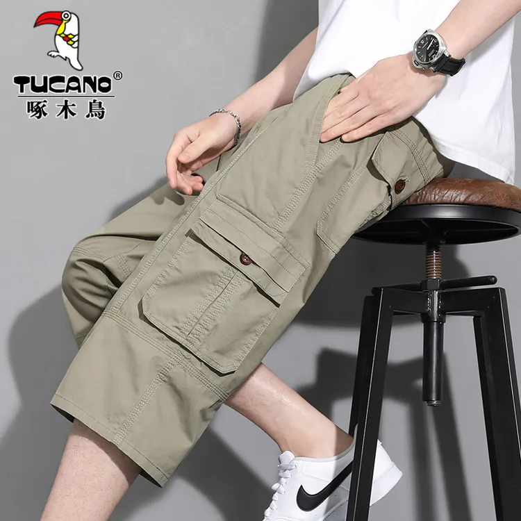 啄木鸟过膝短裤男士休闲七分裤夏季纯棉宽松直筒中年爸爸工装马裤