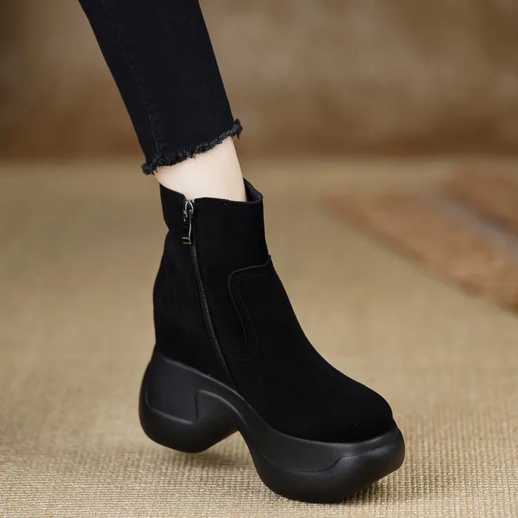 轩玥情手工女鞋7.5+3.5cm~内增高坡跟短靴黑色真皮高跟厚底女靴子