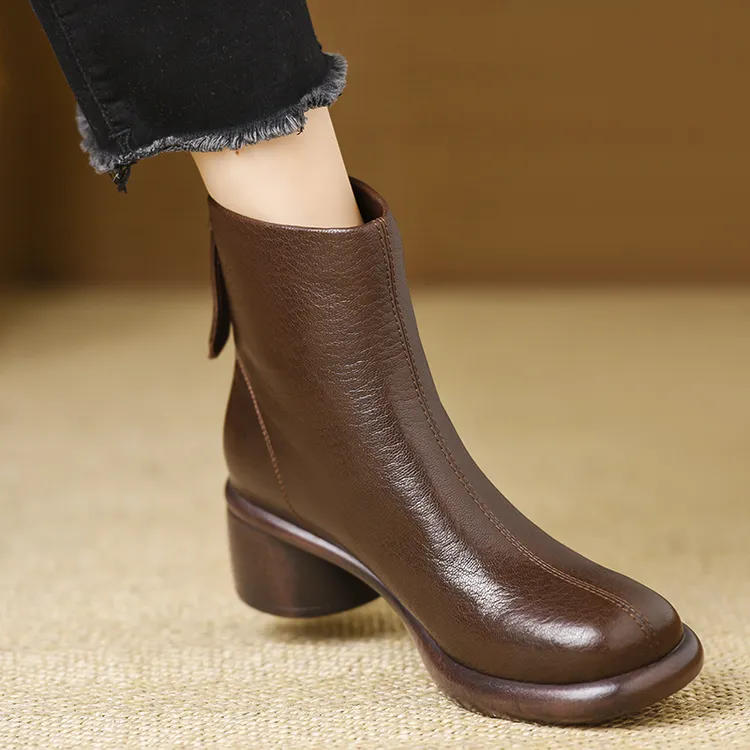 轩玥情手工女鞋4厘米厚底粗跟圆头短靴女头层软羊皮中跟软底靴子