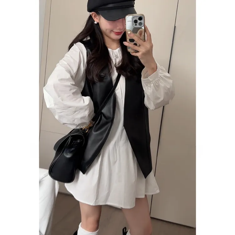 秋款显瘦百搭短款休闲皮马衬衫宽松短裙两件套