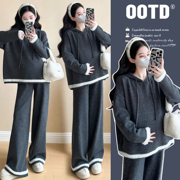 孕妇套装秋冬外穿软糯时尚洋气休闲连帽针织毛衣+抽绳调节阔腿裤