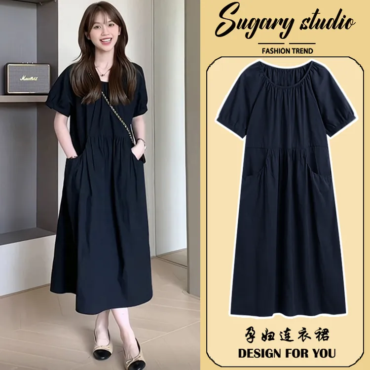 孕妇连衣裙夏装2025新款夏季小个子法式赫本风小黑裙时尚气质长裙