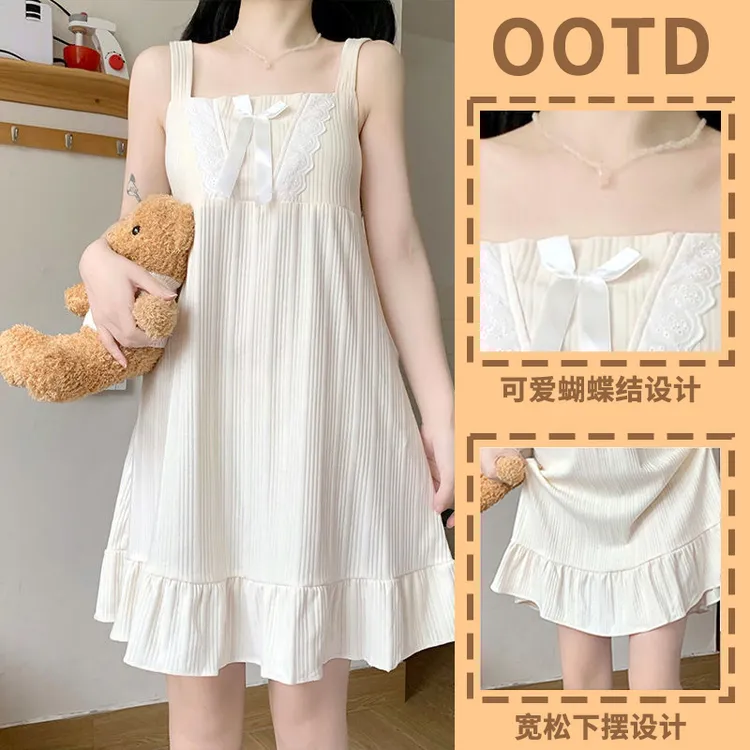 【福利】带胸垫吊带睡裙女夏季荷花边甜美可爱中款睡衣家居服