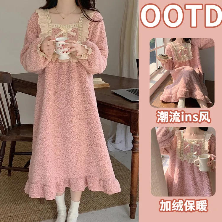 公主风珊瑚绒睡裙女冬季加厚加绒荷花边长款睡衣甜美可爱家居服