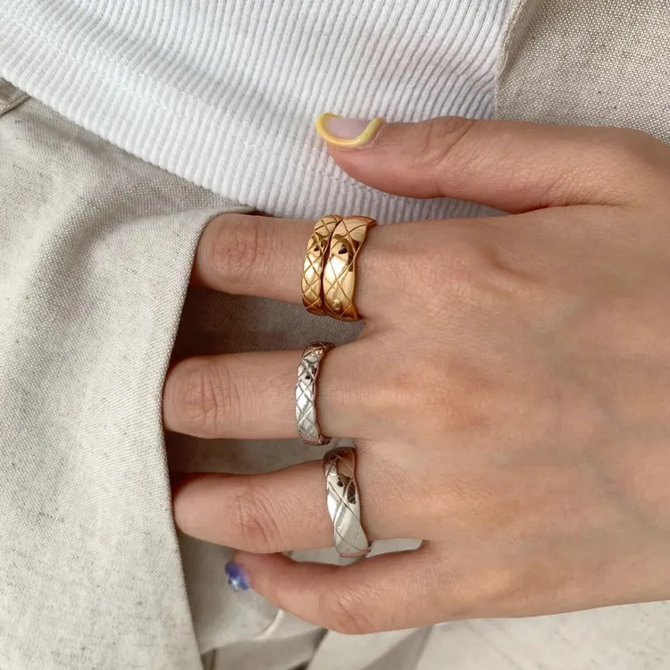 明瑜 S925纯银小香风菱格纹戒指女叠戴小众设计高级感开口指环