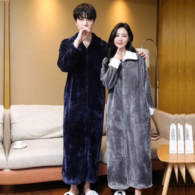 秋冬睡袍女加厚加绒情侣浴袍男士防走光拉链连体睡衣可外穿家居服