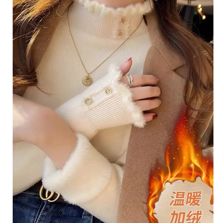 高级感超好看毛衣女冬季加厚2023新款内搭秋冬加绒打底衫高领上衣