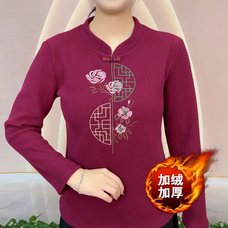  555冬季加绒加厚国风刺绣盘扣打底妈妈装