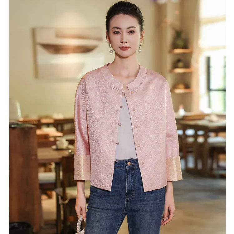 新中式国风春秋女士碎花长袖时尚休闲圆领宽松提花秋季民族风上衣