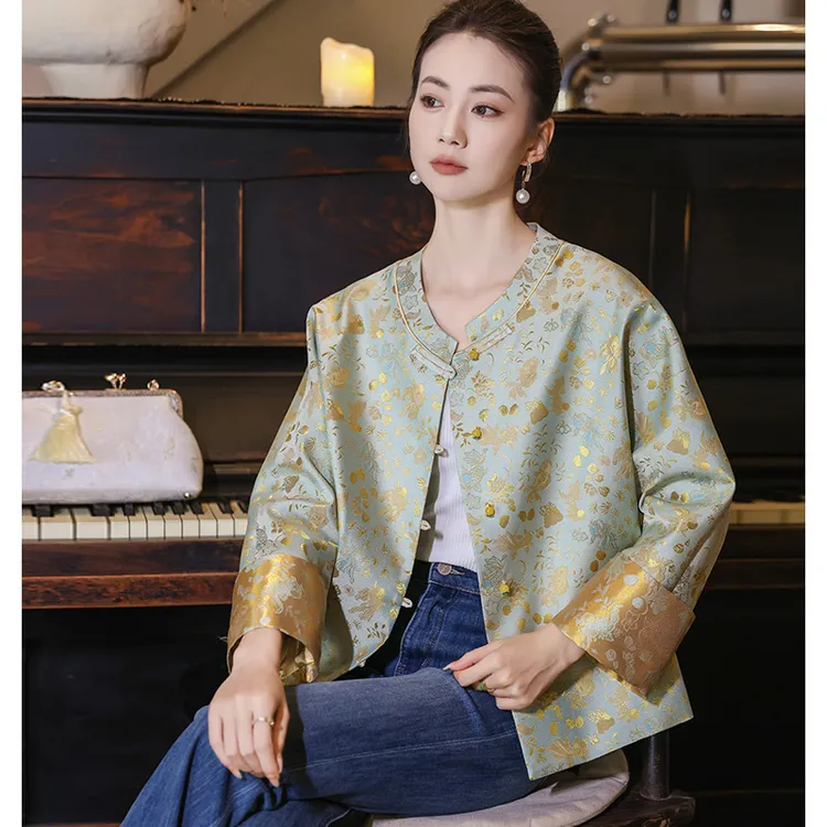 时尚圆领春季气质女上衣民族风休闲慵懒刺绣新中式新中式国风女装