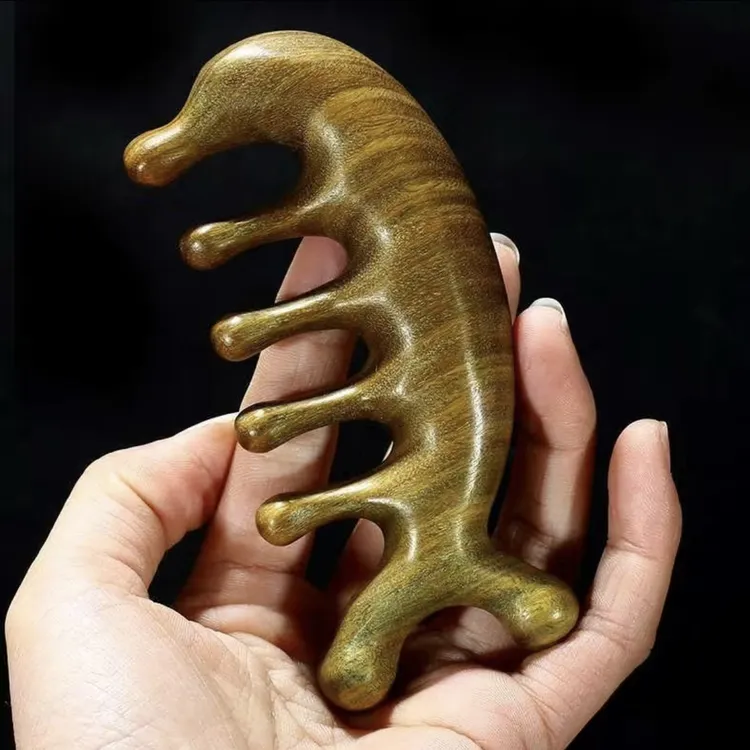 绿檀木海豚按摩梳头部疏通经络梳头皮五齿神器筋络刮痧头疗梳子