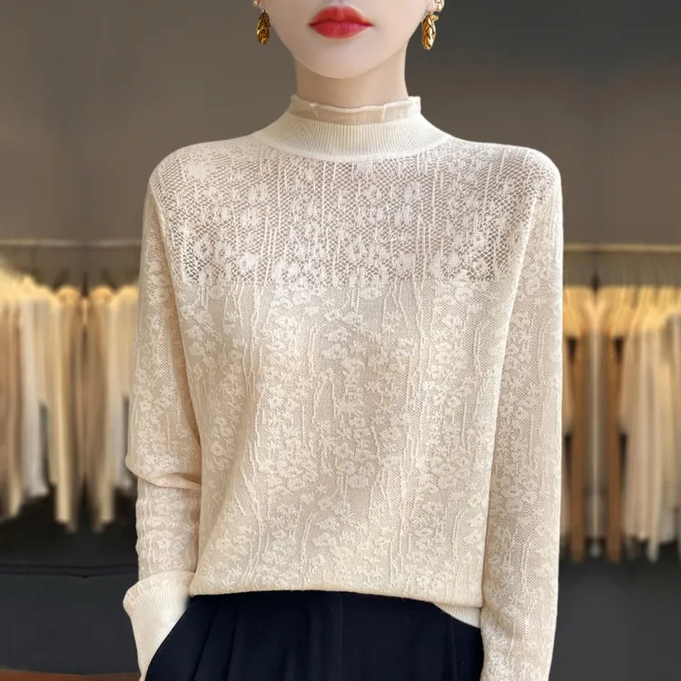 胖mm秋冬大码半高领毛衣女2025新款内搭遮肚子蕾丝针织打底羊毛衫