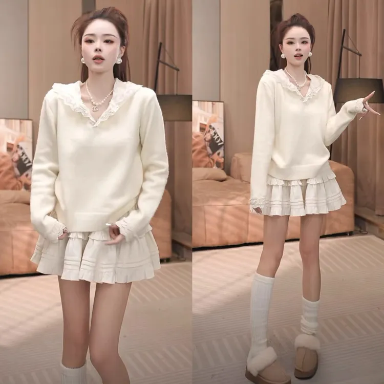 蕾丝拼接连帽毛衣女秋冬宽松慵懒内搭高级感打底针织衫