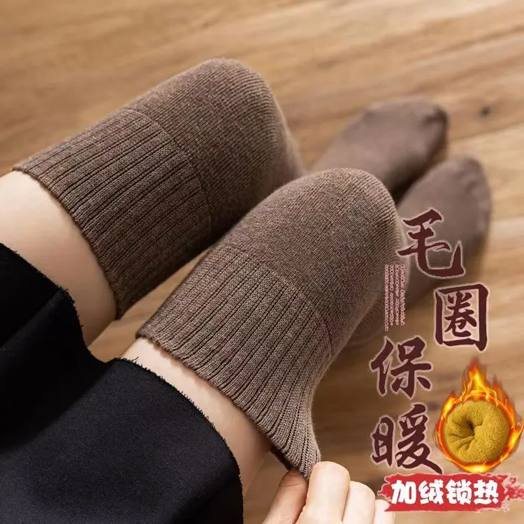 黑色过膝长筒袜女秋冬款加厚小腿瑜伽袜高筒袜 保暖毛圈JK长袜ins